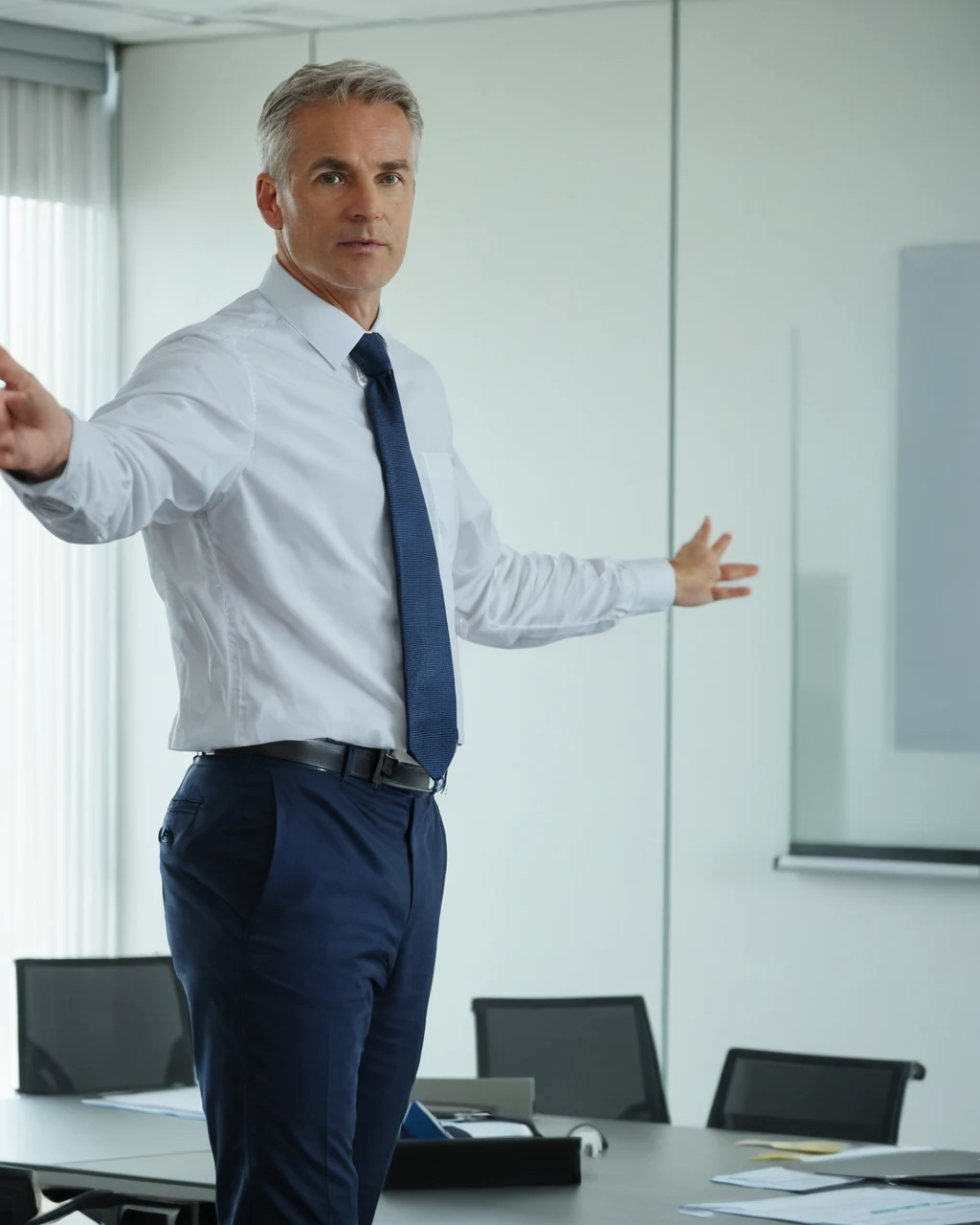A businessman in a white shirt and navy tie presenting in a modern glass