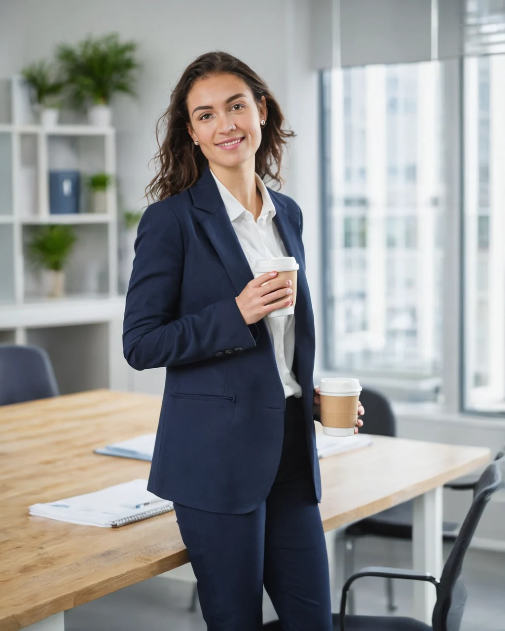 Businesswoman in navy suit holding coffee cups in modern office