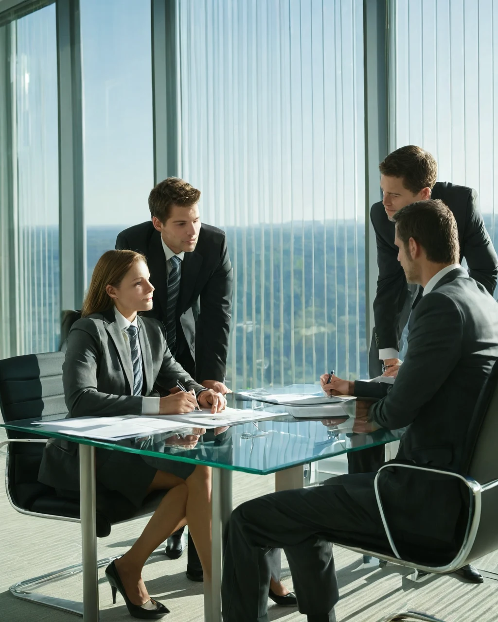 Four business professionals in suits meeting around a glass table