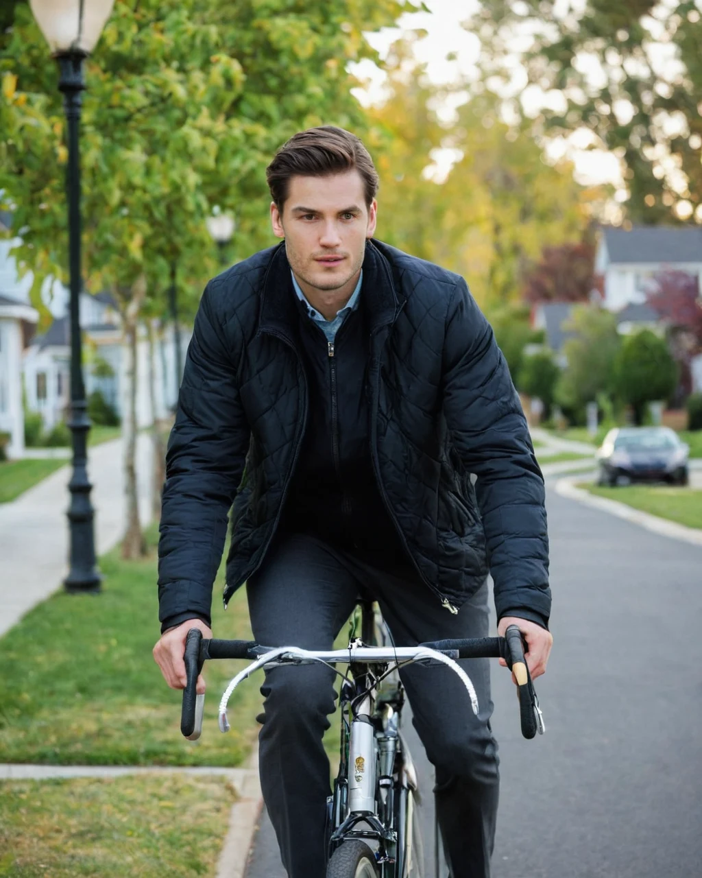 Man riding bicycle on quiet suburban street with trees and houses