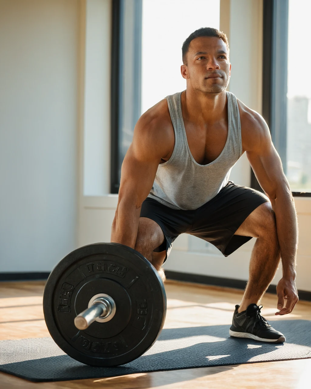 A muscular man crouching beside a barbell on a gym mat near windows