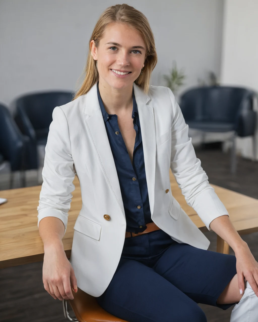 A professional woman in a white blazer and navy pants smiles