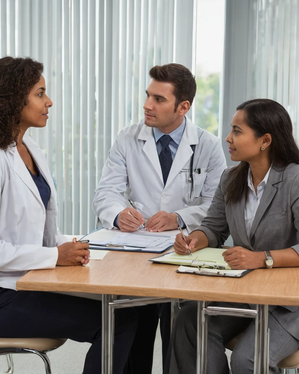 Three healthcare professionals reviewing documents at a wooden table