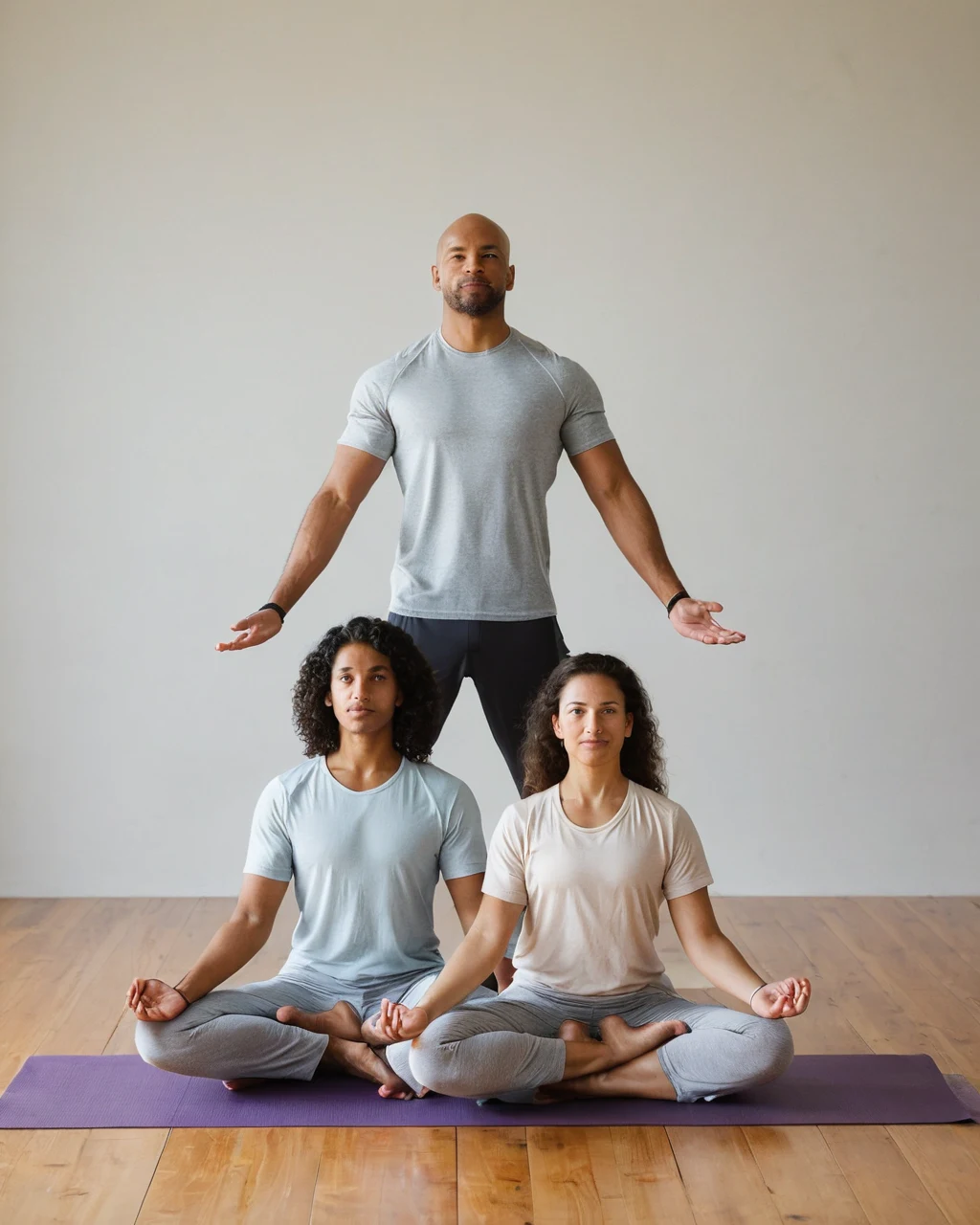 Three people in yoga pose forming a pyramid on a purple mat