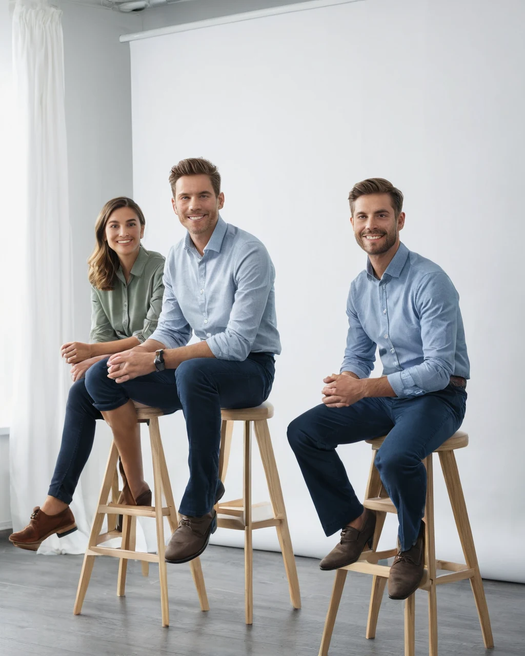 Three people sitting on wooden stools in a bright studio smiling