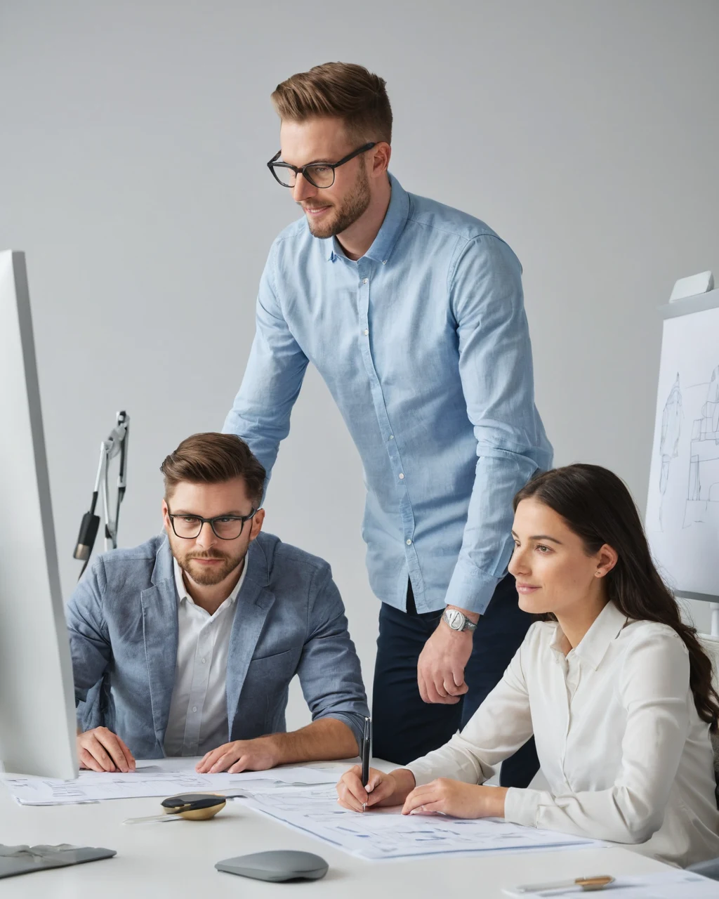 Three professionals reviewing blueprints and a computer screen