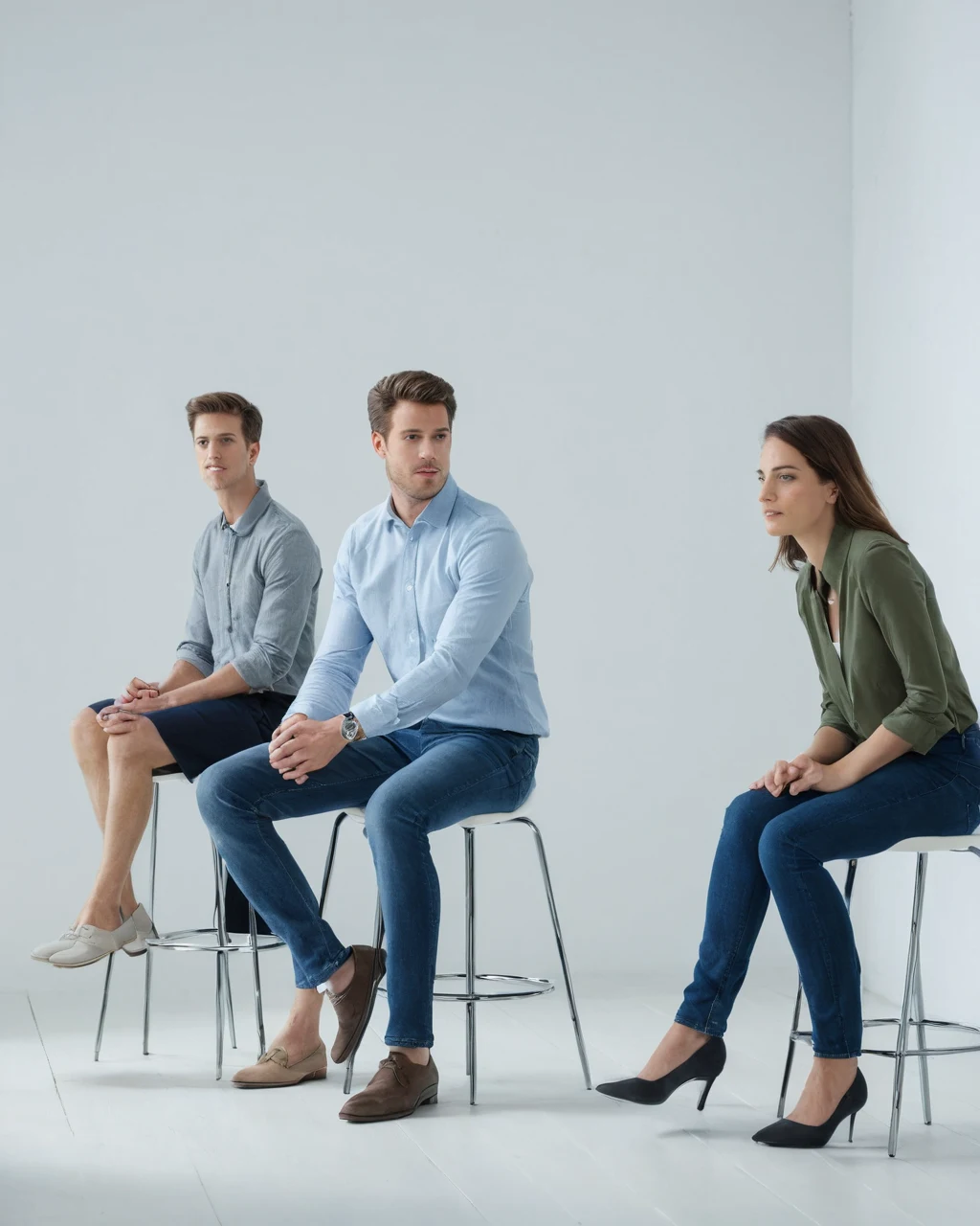 Three stylishly dressed people sit on modern stools in a minimalist