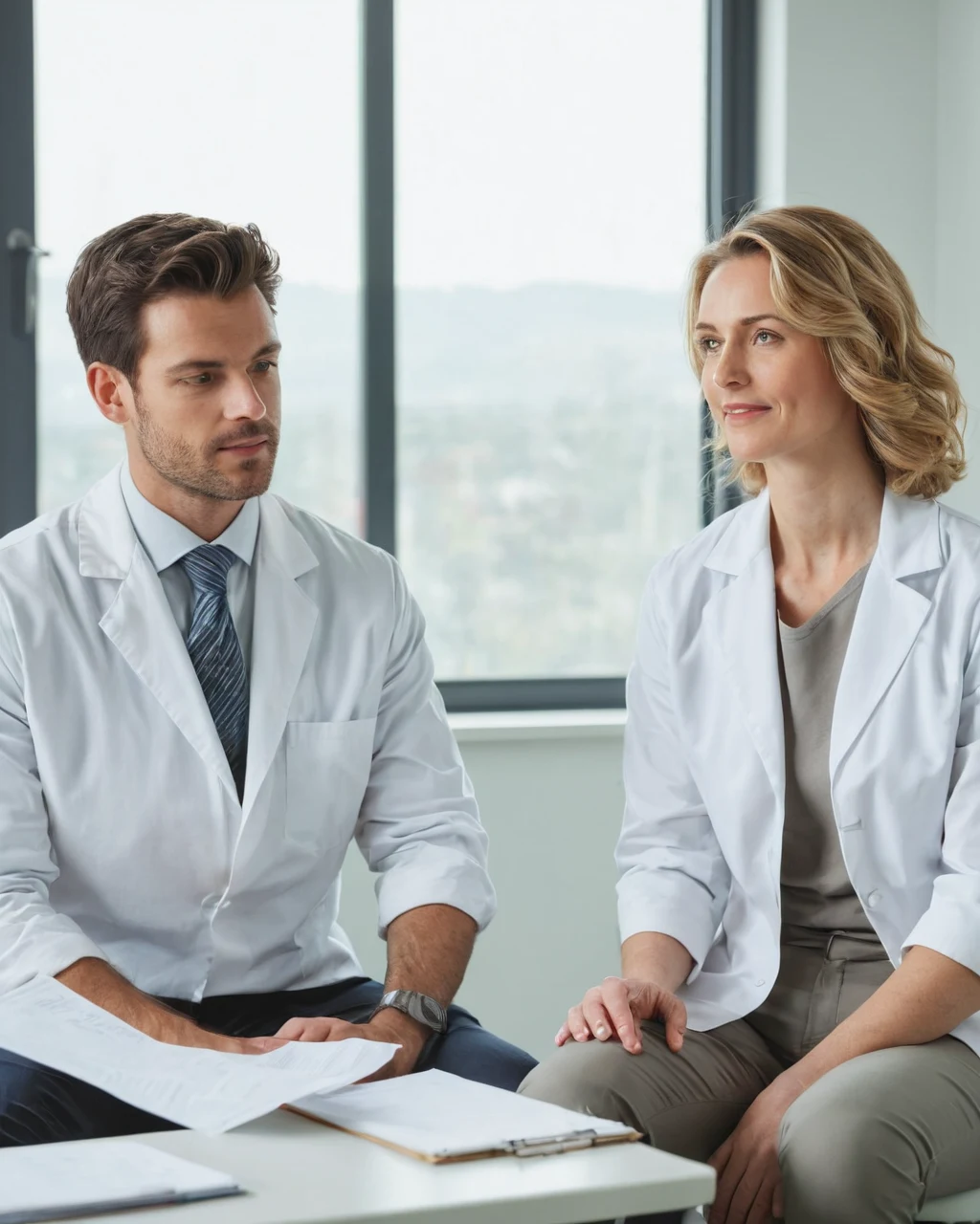 Two doctors in white coats reviewing documents at a desk with a city