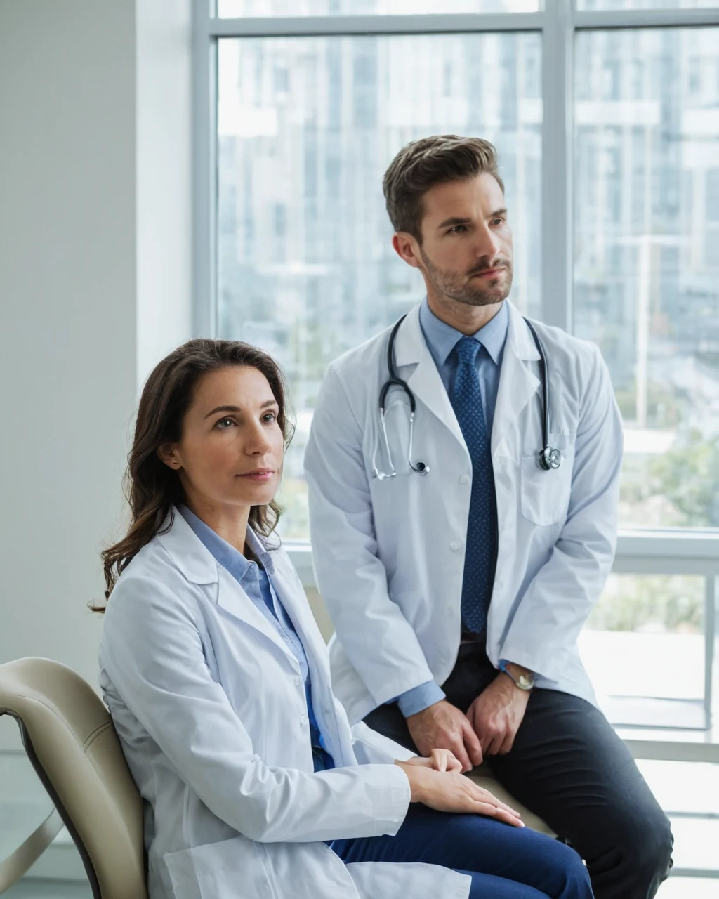 Two medical professionals in white coats sitting by a window with city