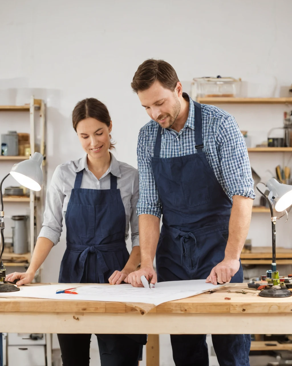 Two people in blue aprons reviewing blueprints on a wooden workbench