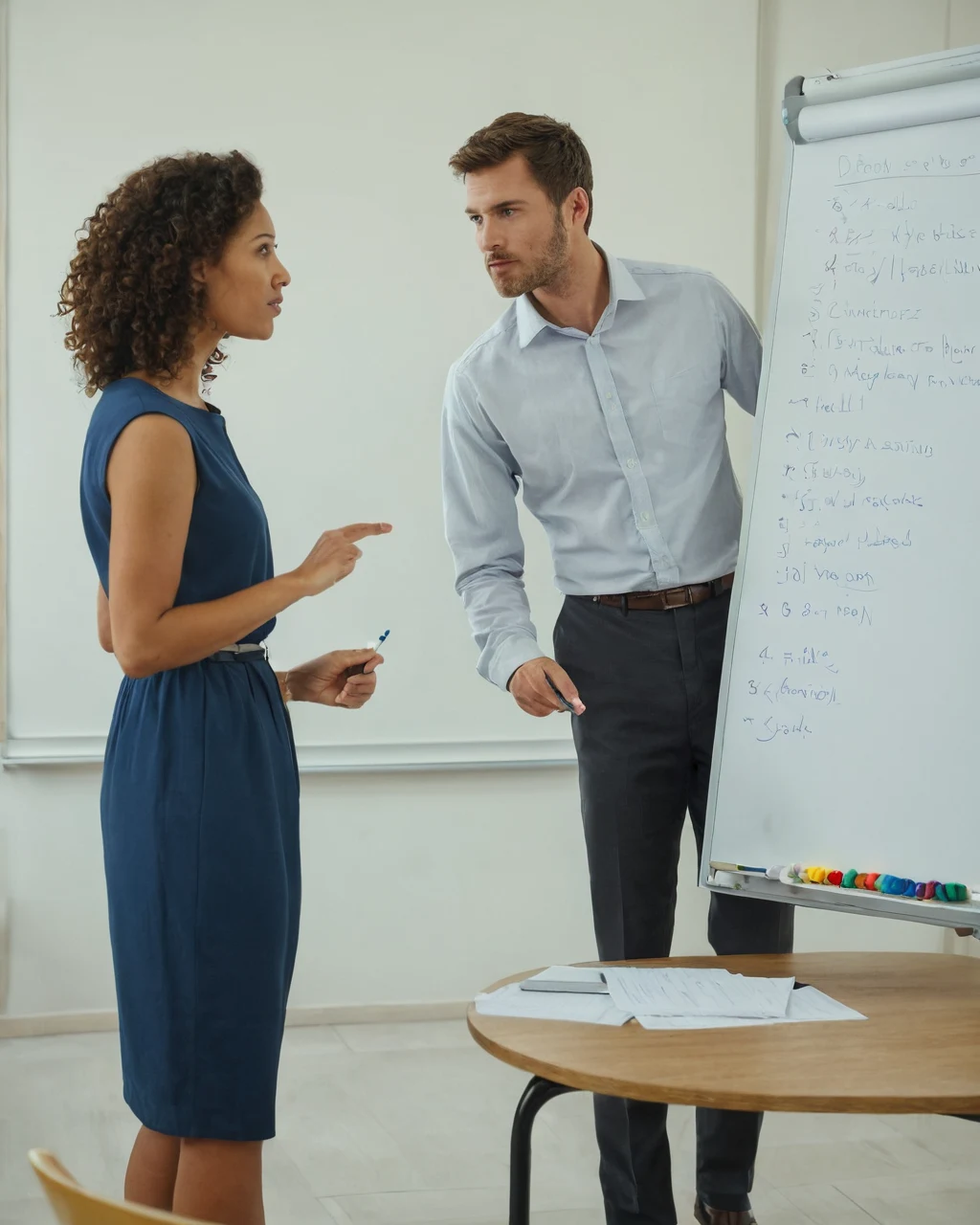 Two professionals discussing business plans in a modern office