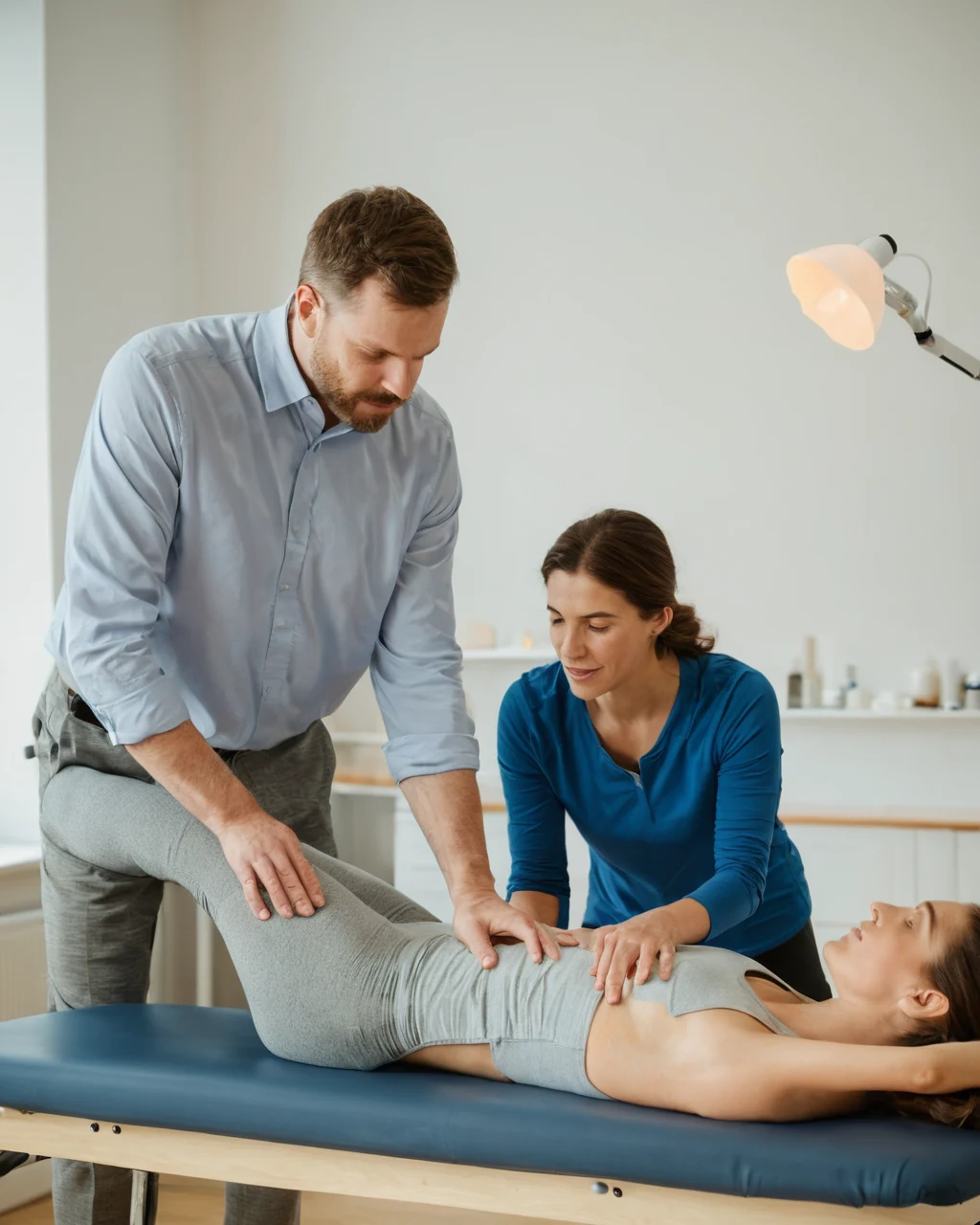 Two therapists assisting a woman on a treatment table in a clinic