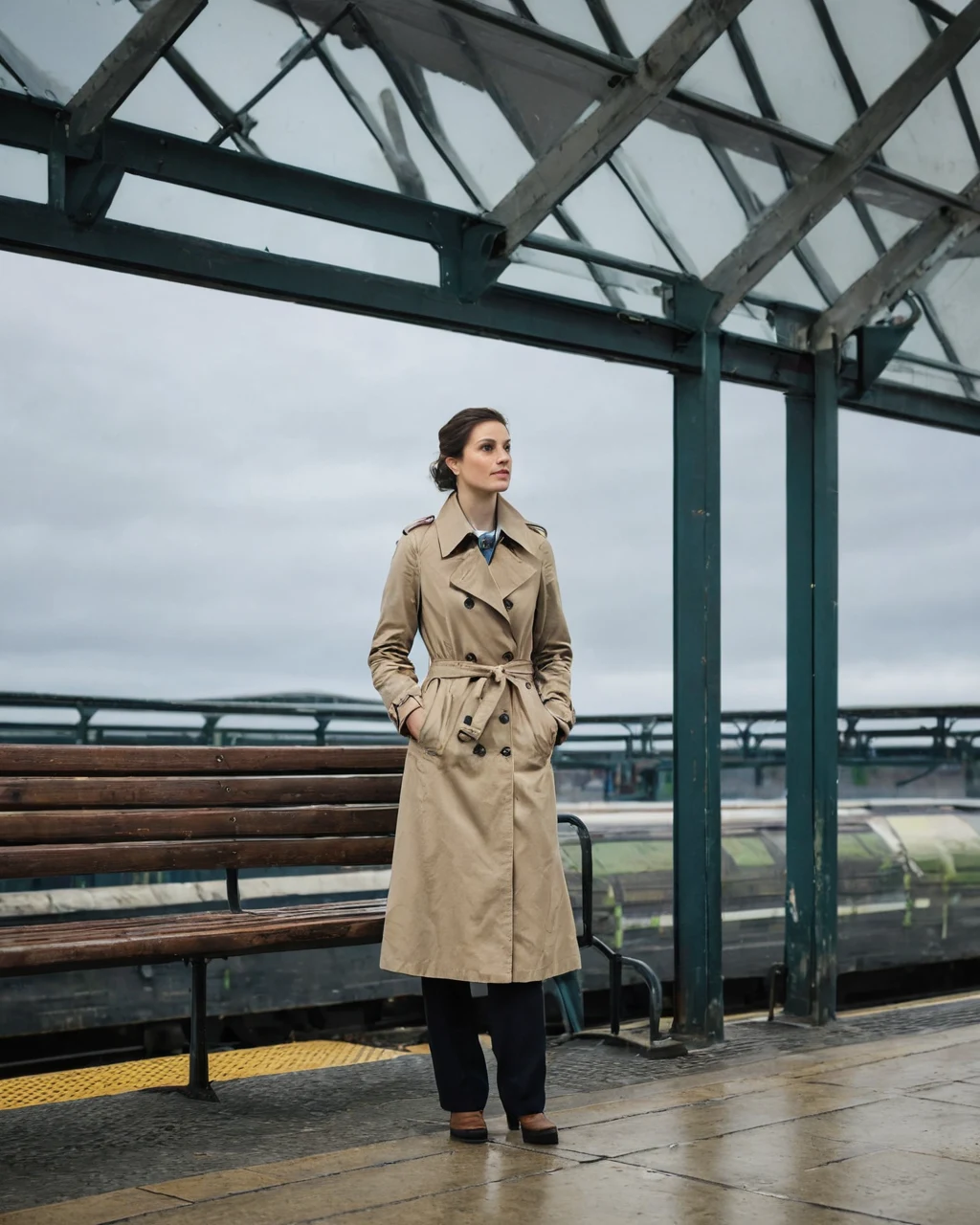 Woman in beige trench coat standing on wet train platform under glass
