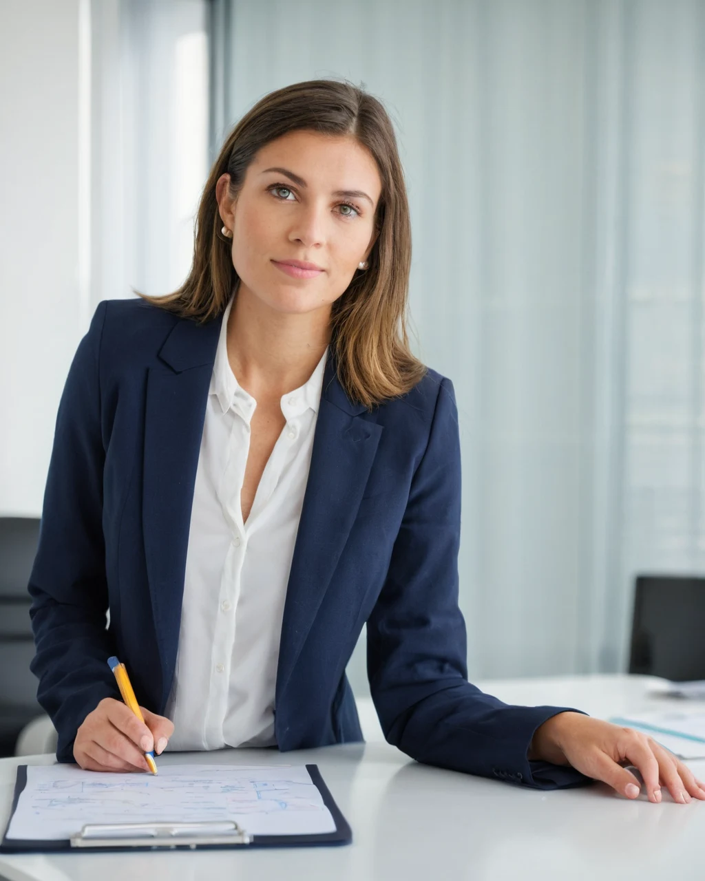 A woman in business attire reviewing blueprints at a desk in an office