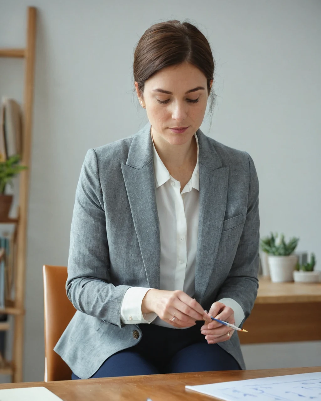 Woman in gray blazer holding pen over blueprints at wooden desk