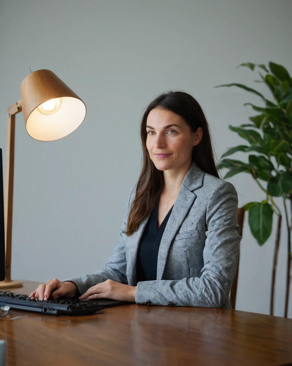 Woman in gray blazer typing on keyboard at wooden desk with lamp