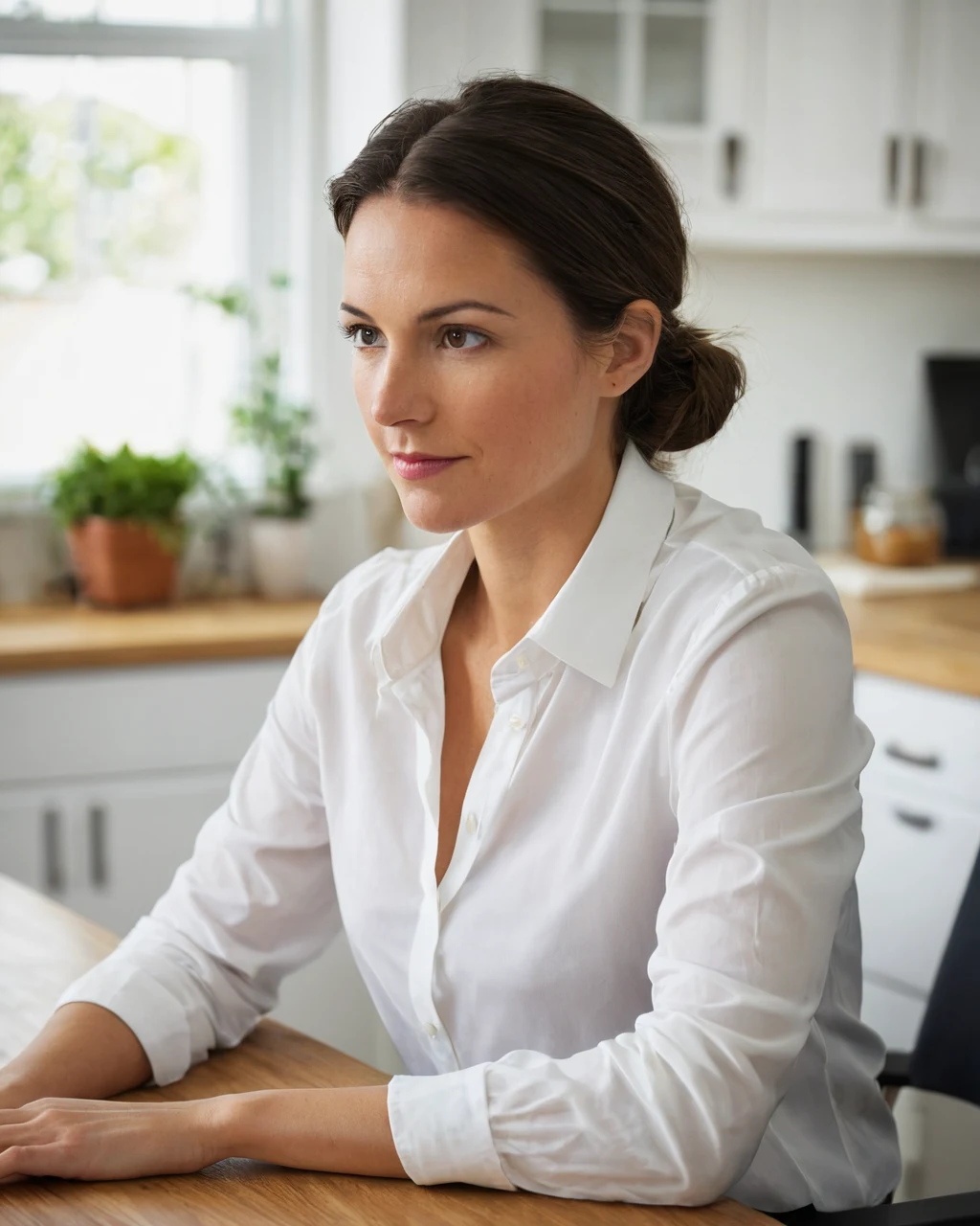 Woman in white shirt sitting at wooden table in bright kitchen looking