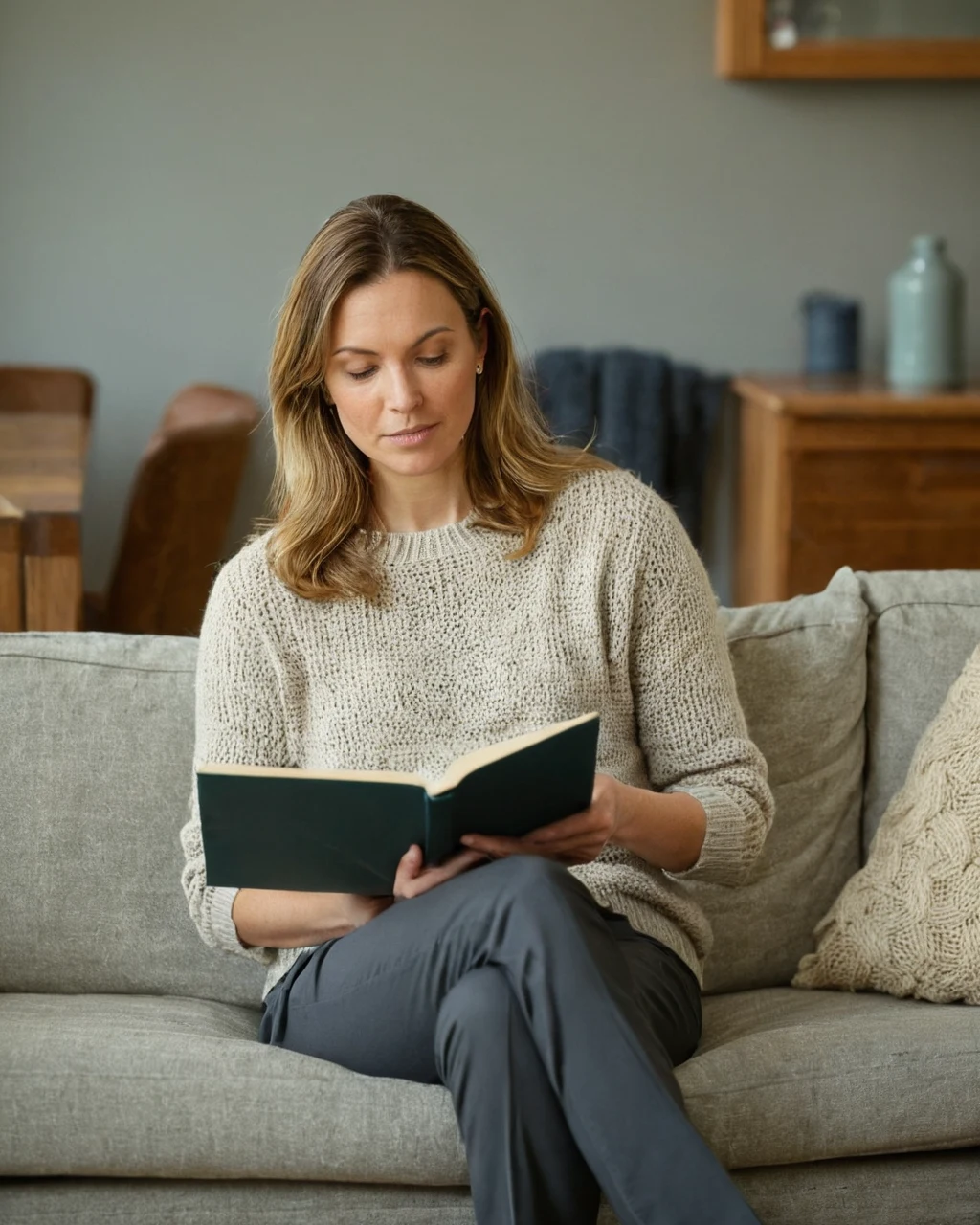 Woman reading a book while sitting on a gray couch in a living room
