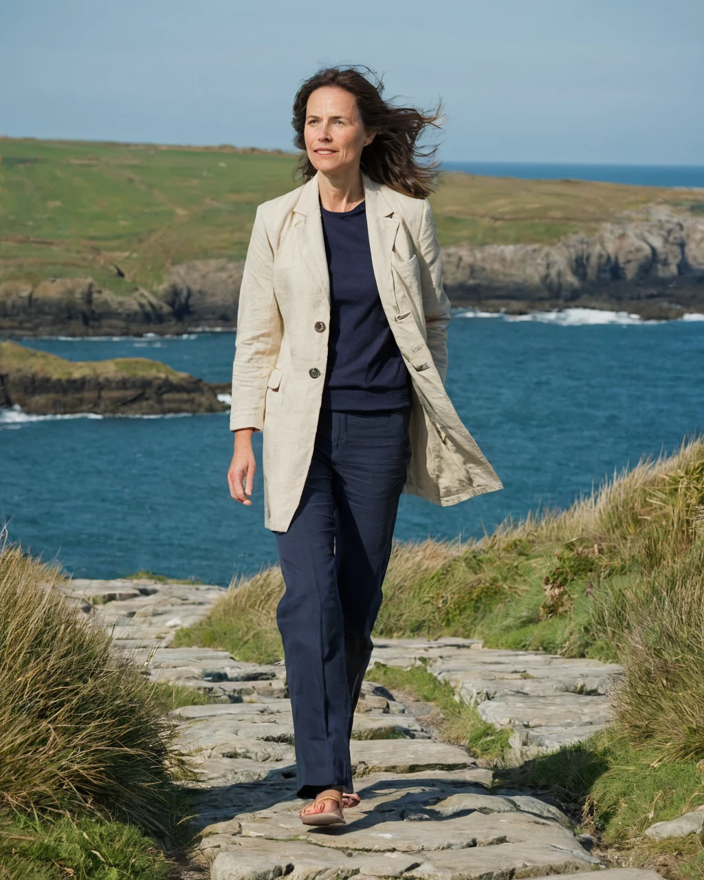 A woman walking on a stone path along a coastal cliff with wind blowing